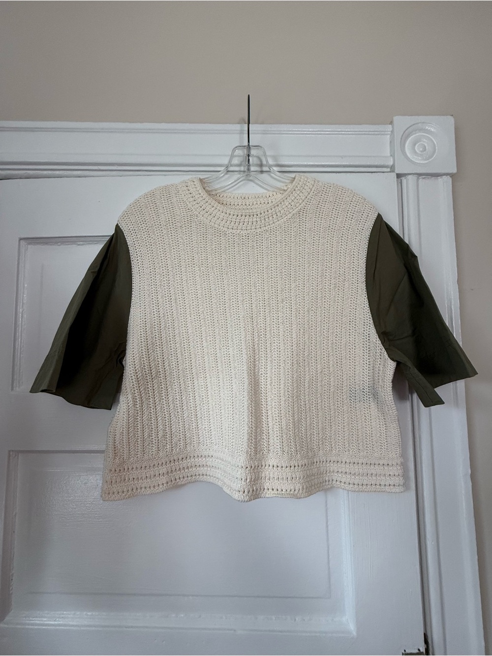 Banana Republic Cream Knit Crewneck with Olive Short Sleeves